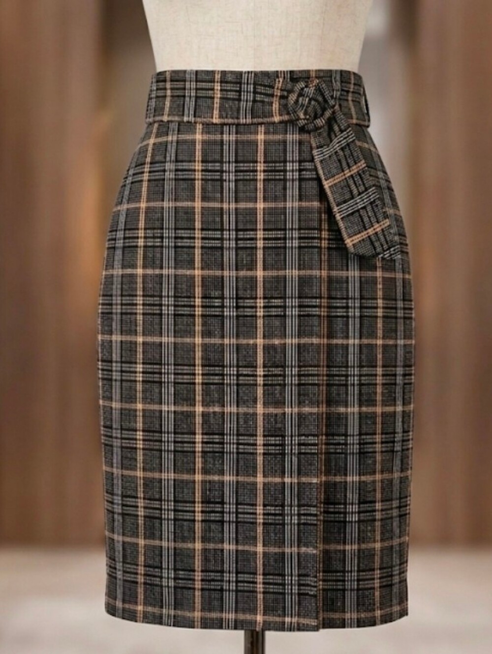 Retrology Plaid Faux Wrap Skirt | Black & Yellow Pull On Career Midi Womens Smal